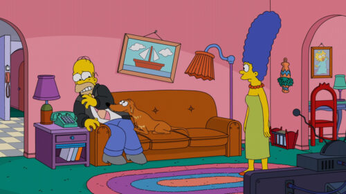 "Die Simpsons Familie entspannt auf ihrer ikonischen Couch: Homer, Marge, Bart, Lisa und Maggie in typischer Szene aus der beliebten Zeichentrickserie. Die Kultfamilie aus Springfield – Humor, Abenteuer und Satire vereint."